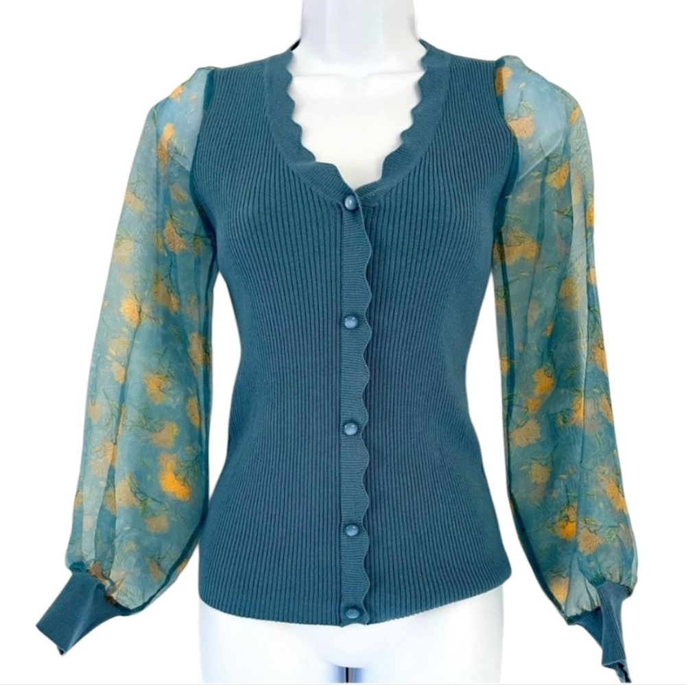 NWT Vila Milano/ Sweater/ Airforce Blue/ Sheer Floral Bubble Sleeves/ Size US XS